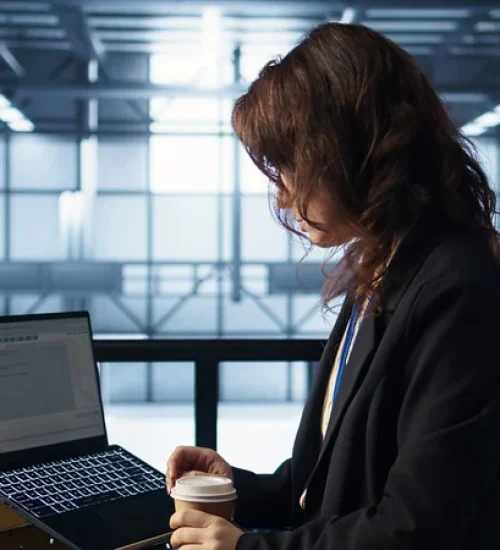 woman-data-center-using-laptop-update-storage-arrays-holding-coffee-cup-scaled-1